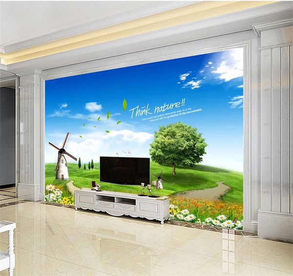 Personnalisé n'importe quelle taille 3D papier peint Mural belle herbe verte Original grand moulin à vent paysage décor à la maison salon revêtement mural