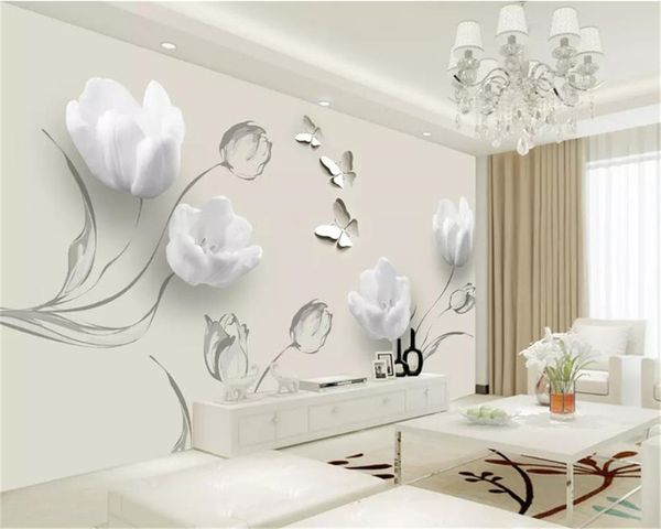 Personnalisé n'importe quelle taille 3D fleur papier peint mode simple tulipe papillon salon chambre cuisine décor à la maison fonds d'écran mural revêtement mural