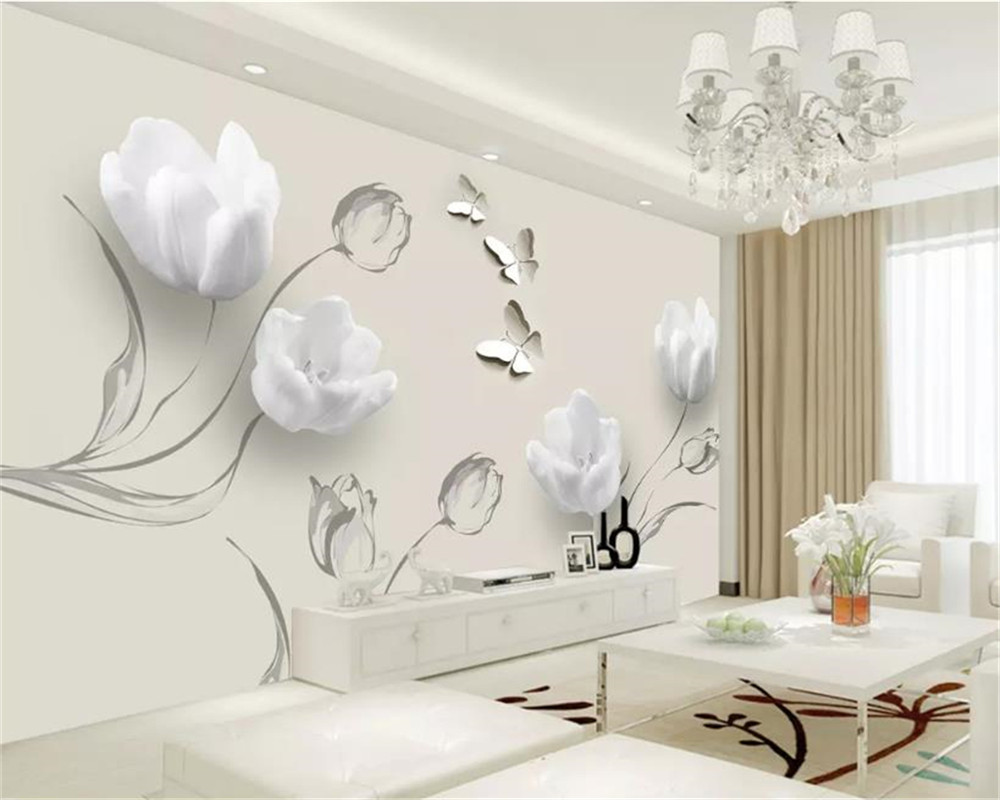 Custom Any Size 3d Flower Wallpaper Fashion Simple Tulip Butterfly Living Room Bedroom Kitchen Home Decor Wallpapers Mural Wall Covering