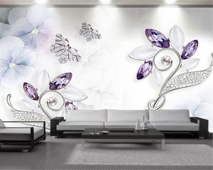 Custom Any taille 3d papier peint violet cristal floral papillons perles de salon canapé télévisé décoration murale peint mural pape 7920316