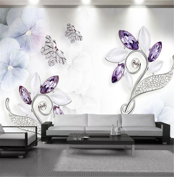 Personnalisé n'importe quelle taille 3d papier peint violet cristal Floral papillon perles salon canapé TV fond décoration murale papier peint9447076