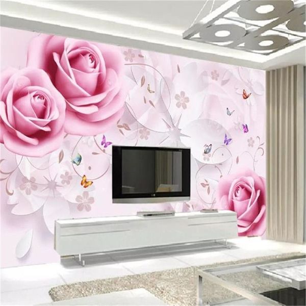 Papel tapiz 3d personalizado de cualquier tamaño, decoración de pared de fondo de TV, mariposa, flor tridimensional, rosa, Mural, 253n