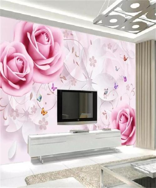 Papel de pantalla 3D personalizado de cualquier tamaño Rose Rose Threedimensional Butterfly Flying TV Fondo Decoración Mural Mural Fondos9767287