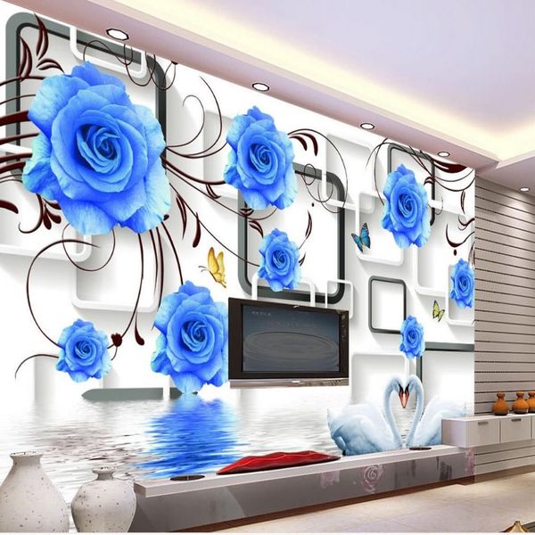 Papel tapiz 3D personalizado de cualquier tamaño, mural de pared de TV 3D con cisne rosa azul, papeles de pared 3d para telón de fondo de televisión 294S