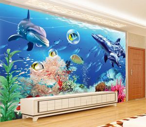 Custom elke maat blauwe zeewereld haaien walvis onderzeeër muurschildering 3D wallpaper 3D-muur papers voor tv-achtergrond