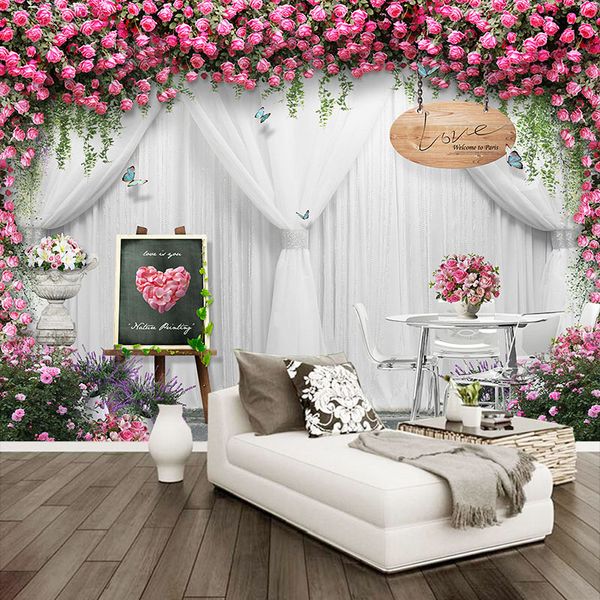 Papier peint Mural personnalisé de toutes tailles, rideau de roses romantique 3D, papier peint Photo pour maison de mariage, Services de mariage, décor Mural d'arrière-plan 3D