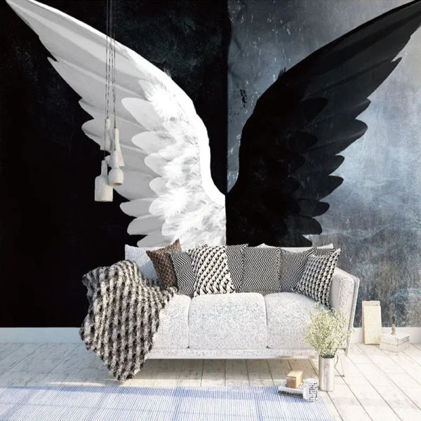 Custom Any Taille Mural Wallpaper 3D stéréo créatif Black and White Angel Wings Fresco Papel de Parede 3d Living Room Canapa Decor