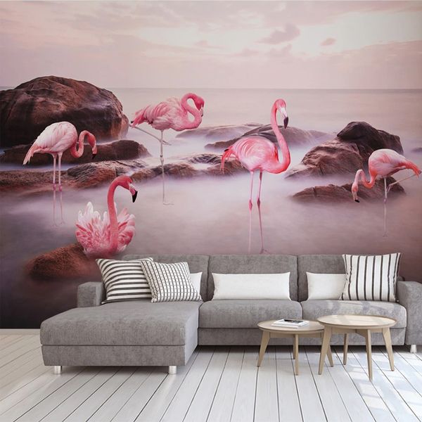 Encargo cualquier tamaño mural del papel pintado 3D Sunset Lake Pink Birds Pared Pintura de paisaje de la sala de estar dormitorio Papel de parede Fondos