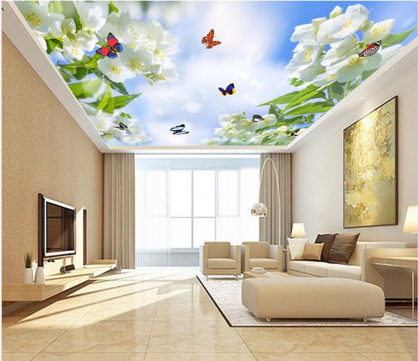 Encargo cualquier tamaño mural del papel pintado de la flor Hermosa mariposa azul cielo nube blanca techo cenit del papel pintado mural 3D
