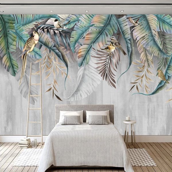 Personnalisé Toute Taille Papier Peint Murale Moderne 3D Style Nordique Plante Feuilles Oiseaux Photo Murale Salon Chambre Décor À La Maison Fresque