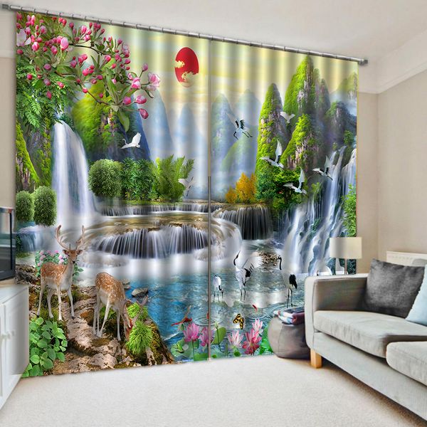 Foto personalizada de cualquier tamaño, hermoso paisaje, cortinas de cascada, cortina de ventana 3D, estampado de dinosaurio, apagón de lujo para sala de estar