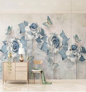 Fond d'écran de toute taille personnalisé 3D Fleur élégante papillon bleu clair salon chambre à coucher décoration mural fond d'écran 5987972