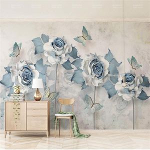 Papier peint 3d personnalisé de toutes tailles, fleur élégante papillon bleu clair, décoration murale de fond de salon et de chambre à coucher, 235d
