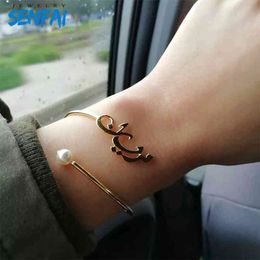 Aangepaste Arabische naam armband roestvrij staal verstelbare gepersonaliseerde parel sieraden voor vrouwen meisjes