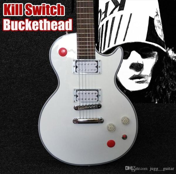 Botón Arcade personalizado Killswitch Buckethead Signature Alpine White Guitarra eléctrica Diapasón de ébano Sin incrustaciones 24 trastes jumbo Top S7651016