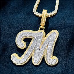 Personnalisé AZ Cut Full Real Icy Baguette Lettres Cursives Pendentif Collier Or Argent Zircon Cubique Hommes Femmes avec Chaîne De Corde De 24 Pouces