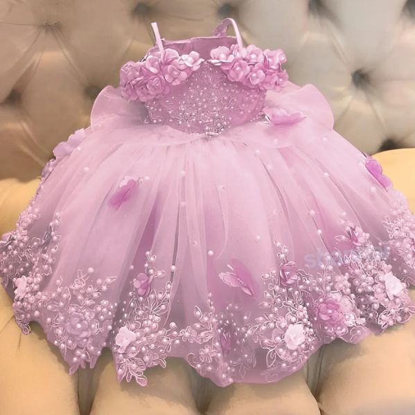 Personnalisé bébé fille robe fête d'anniversaire hors épaule perles dentelle papillons infantile première communion robe robes de fleurs 240306
