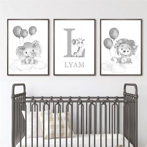 Aangepaste baby -initialen naam olifant leeuw aquarel posters kinderkamer muur kunst canvas schilderen print foto's kinderkamer home decor 220614