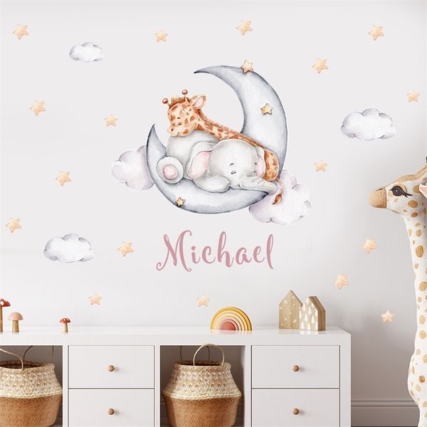 Nom de bébé personnalisé éléphant girafe lune étoiles aquarelle autocollant mural pépinière amovible vinyle stickers muraux mural enfants chambre décor 220613