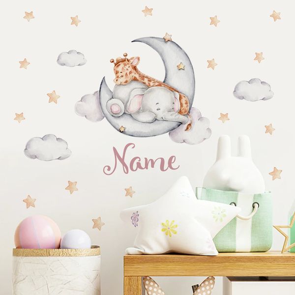 Nom de bébé personnalisé éléphant girafe lune étoiles aquarelle autocollant mural pépinière amovible vinyle stickers muraux mural enfants chambre décor 240105