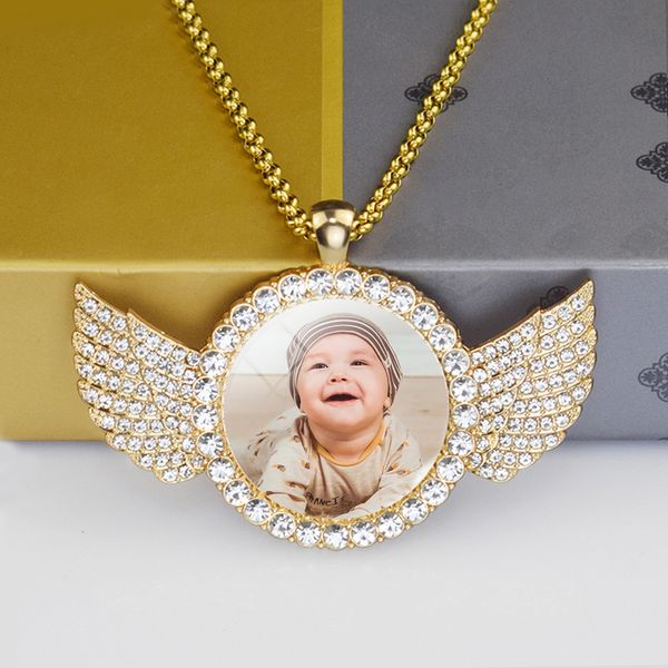 Personnalisé Bébé Photo Ange Ailes Pendentif avec Longue Chaîne Strass Collier Personnalisé Verre Dôme Photo Bijoux