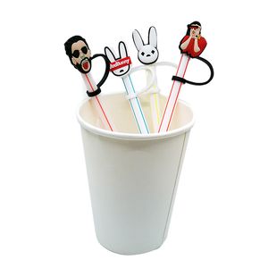 Custom Bad Bunny soft silicone straw toppers accessories cover charms Reusable Splash Proof drinking dust plug decorative 8mm straw party supplies