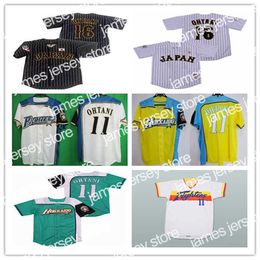 Aangepast honkbal #16 Shohei Otani #11 Hokkaido Nippon-Ham Fighters Jerseys Geelblauw Wit Pinstriped Japan Samurai