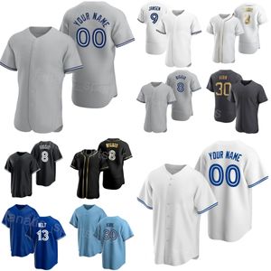 Aangepast honkbal 30 Alejandro Kirk Jersey 13 Brandon Belt 9 Danny Jansen 8 Cavan Biggio 5 Santiago Espinal 15 Whit Merrifield Blue White Gray Man Kids Woman L-N