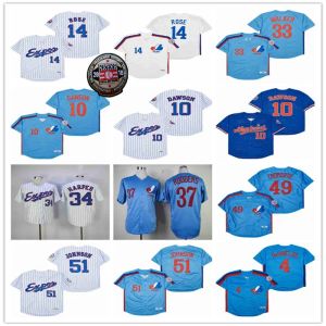 Aangepast honkbalshirt Montreal Expos 14 Pete Rose 49 Warren Cromartie 4 Delino Deshields 33 Larry Walker 37 Steve Rodgers 51 Randy Johnson Gestikt Blauw Wit