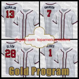 Camisetas de béisbol personalizadas 2022 Programa de oro 13 Ronald Acuña Jr. 7 Dansby Swanson Jersey Matt Olson Hombres Ozzie Albies Mujeres Austin