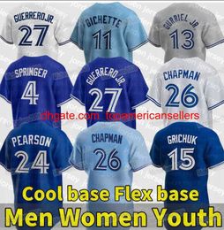 Camisetas de béisbol personalizadas 27 Vladimir Guerrero Jr. Jersey Matt Chapman Bo Bichette George Springer Bradley Zimmer Raimel Tapia Cavan Biggio
