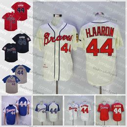 Maillots de baseball personnalisés Vintage 1963-1974 Hank Aaron 44 H.Aaron Chemises bleues cousues blanc gris rouge maillot pour hommes