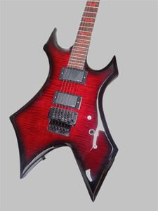 Custom BC Rich Flying V Electric Guitar met rode en zwarte gestoffeerde randen, rode vleermuisknop en nagelgitaarkop