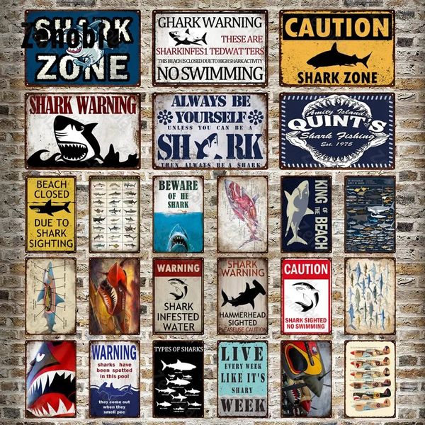 Personnalisé Méfiez-vous des requins en métal Sign Shark Avertissement Attention Shark Zone Affiche en métal Vintage Décoratif Tin Sign Plaque Plaque Aquarium Home Wall Decor 30X20CM w01