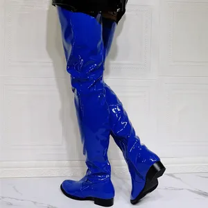 Custom Big Size 47 Blauw Lakleer Schoenen Laarzen Ronde Neus Lage Vierkante Hak Vrouwen Overknee Hoge Laarzen Dij Mode