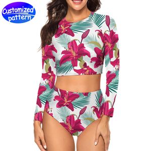 Traje de baño de bikini personalizado Patrón HD Top de manga larga Braguitas de bikini triangulares Almohadilla para el pecho extraíble Cómodo Secado rápido 86% poliéster +14% spandex Contraste de color 266 g