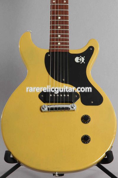 Custom Billie Joe Armstrong Double Cutaway TV Yellow Junior Electric Guitar Skull Black Pickguard, Black P90 Pickup