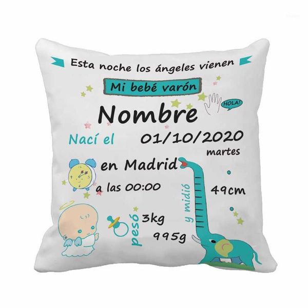 Impression de données de naissance personnalisée éléphant bleu jeter taie d'oreiller housse de coussin décorative taie d'oreiller cadeau d'anniversaire par Lvsure