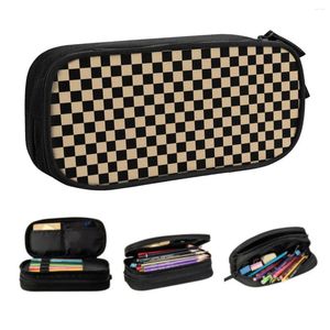 Damier en noir et bronzage brun personnalisé Case de crayons mignons filles garçons de grande capacité