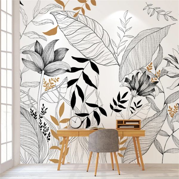 Plante de la forêt tropicale en noir et blanc personnalisé décorations murales salon salon salle à manger fond art papier peint de papier à la maison décor