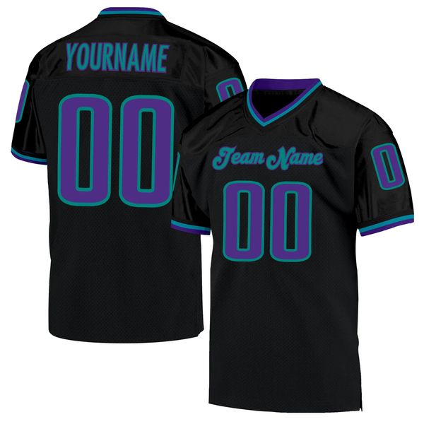 Maillot de football personnalisé noir violet-aqua en maille authentique