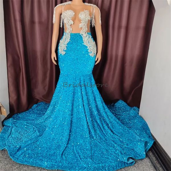 Robes de bal à paillettes bleues personnalisées avec strass cristal robe de soirée sirène scintillante 2024 avec gland col rond grande taille robe formelle brillante anniversaire élégant fille noire