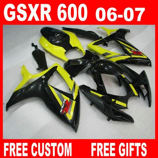 Carrocería personalizada para Suzuki GSXR 600 750 06 07 Kit de carenado GSX-R600 R750 2006 2007 Negro amarillo Motocycle274c