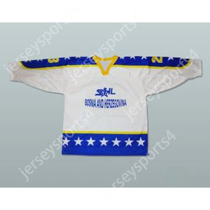 Maillot de hockey blanc personnalisé de l'équipe nationale de Bosnie-Herzégovine, tout joueur ou numéro, cousu sur le dessus, S-M-L-XL-XXL-3XL-4XL-5XL-6XL