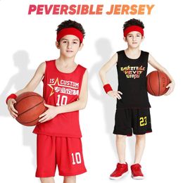 Custom Jongens Omkeerbare Basketbal Jersey Set Chirdren Dubbelzijdig Basketbal Uniform Zomer Ademend Basketbal Shirt Voor Kinderen 240315