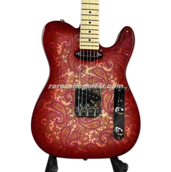 Guitarra eléctrica Brad Red Paisley personalizada, diapasón de mástil de arce, incrustaciones de puntos negros, puente cromado de 3 monturas, golpeador transparente