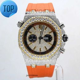 Custom Brand High End 2024 Dual Color Orange Silver Chronograph Sporty Mens Watch Iced VVS Moissanite Diamond High Mechanical