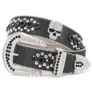 Ceinture en strass avec tête de mort noire Y2K, marque personnalisée, boucle ardillon, cristal de Cowboy, grande taille, ceintures occidentales en strass