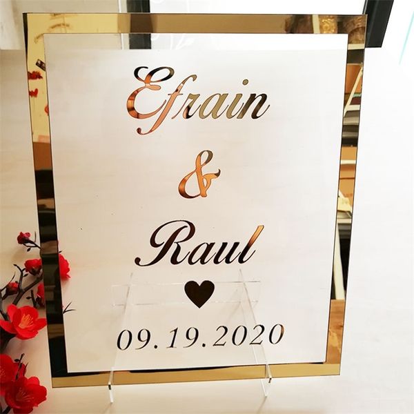 Benutzerdefinierte Braut Bräutigam Name Spiegelrahmen Hochzeit Beschilderung personalisierte transparente Acryl Schild Platte mit Nagel Party Dekor Gefälligkeiten 211216