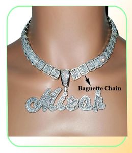 Brosse personnalisée cursive lettre iced out de pendentif nom collier Baguettes chaîne micro pavée CZ bijoux hiphop personnalisé7227503